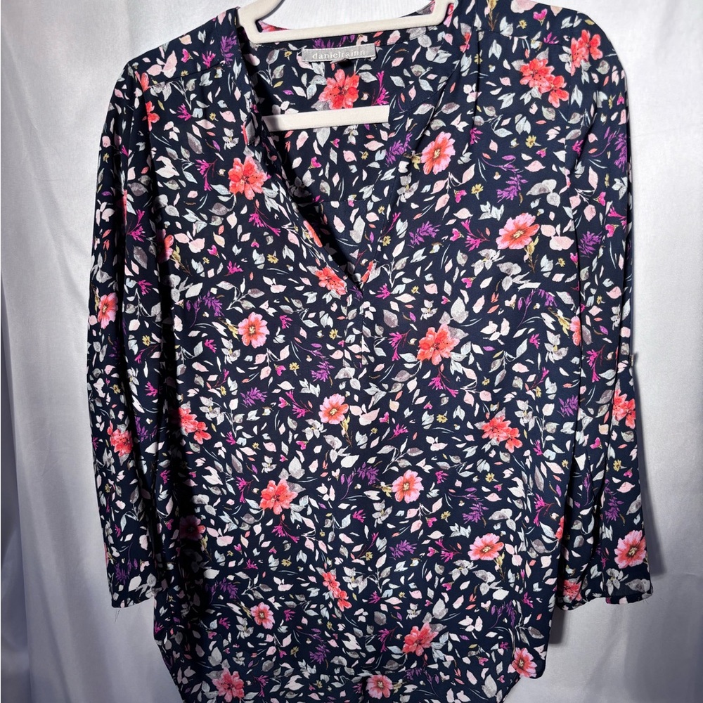 Daniel Rainn Navy Floral V-Neck Blouse with Pink Accents
